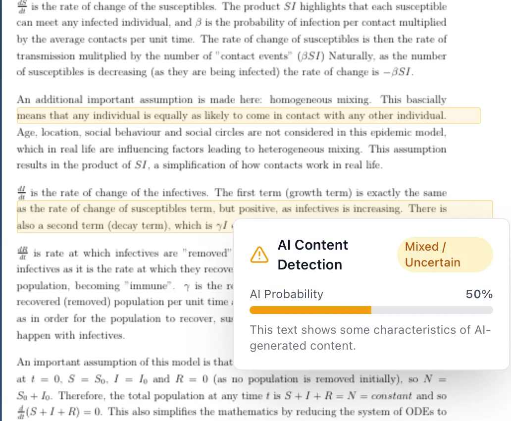 Integrated AI detection highlighting potential AI-generated text